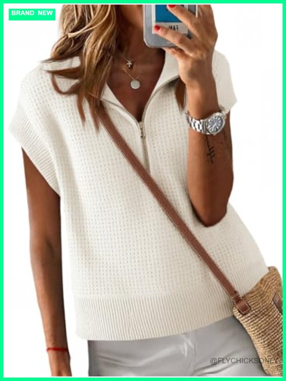 Women's Cropped Knit Sweater Vest Half Zip Cap Sleeve Lightweight Oversized